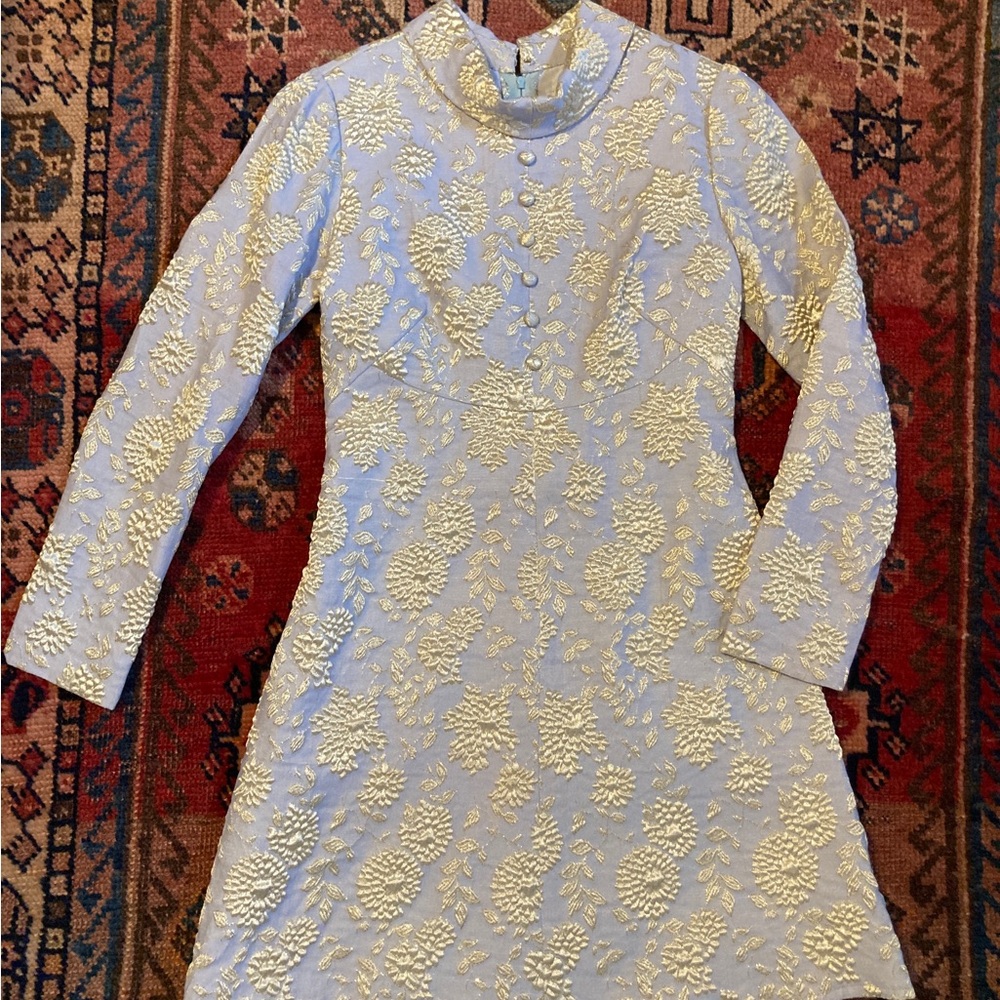 Vintage 60s 70s gray and gold floral design lurex party dress